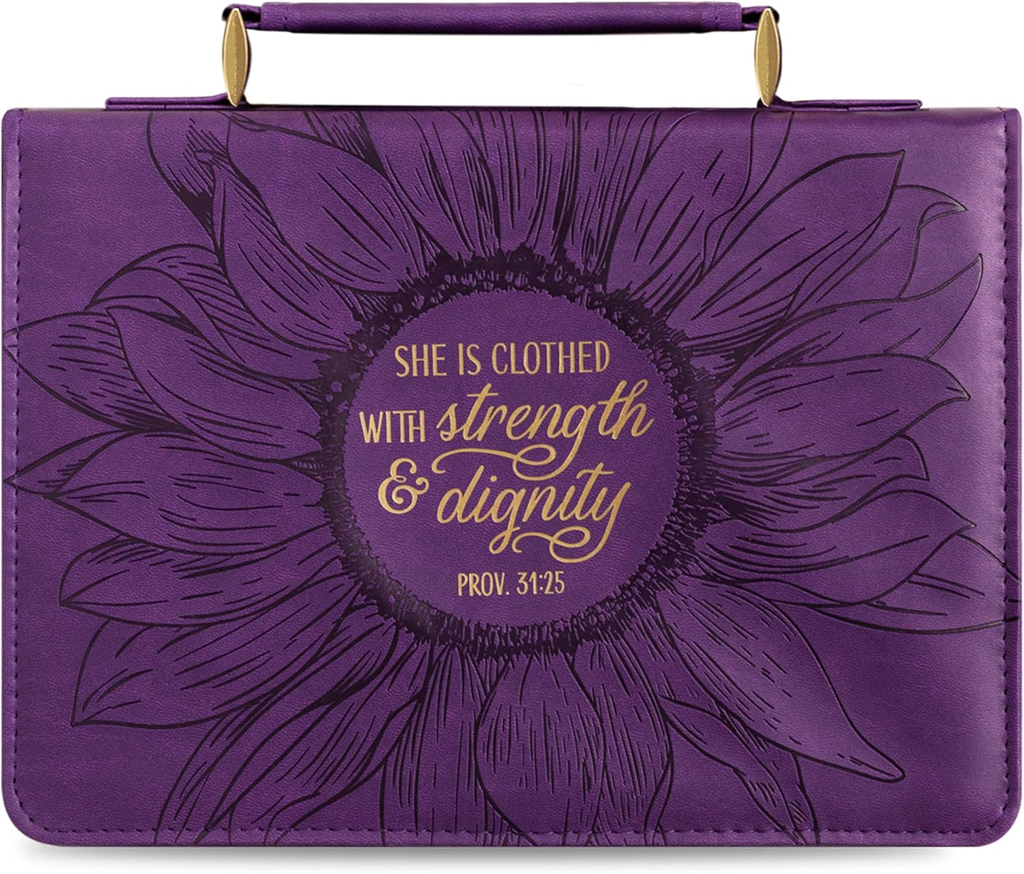 Women'S Fashion Bible Cover Strength and Dignity Proverbs 31:25, Purple/Gold Sunflower Medium