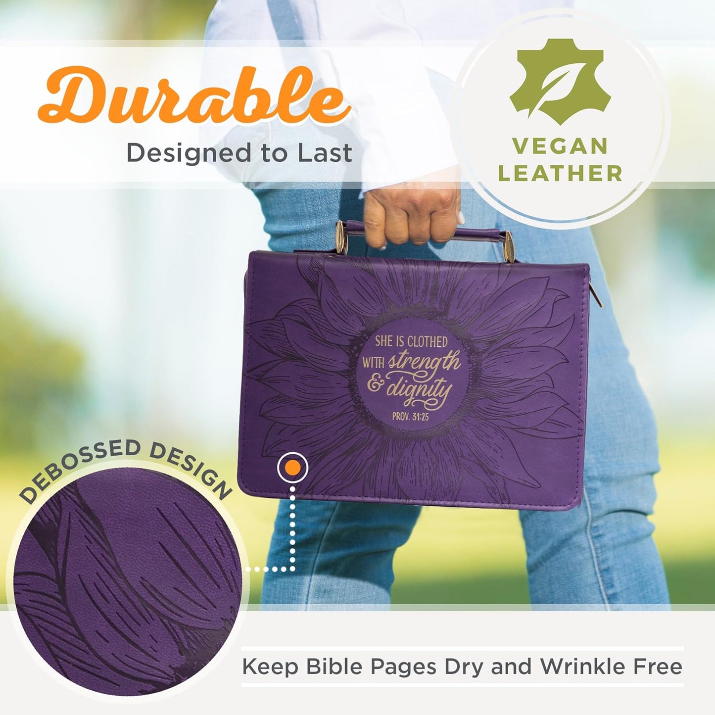 Women'S Fashion Bible Cover Strength and Dignity Proverbs 31:25, Purple/Gold Sunflower Medium