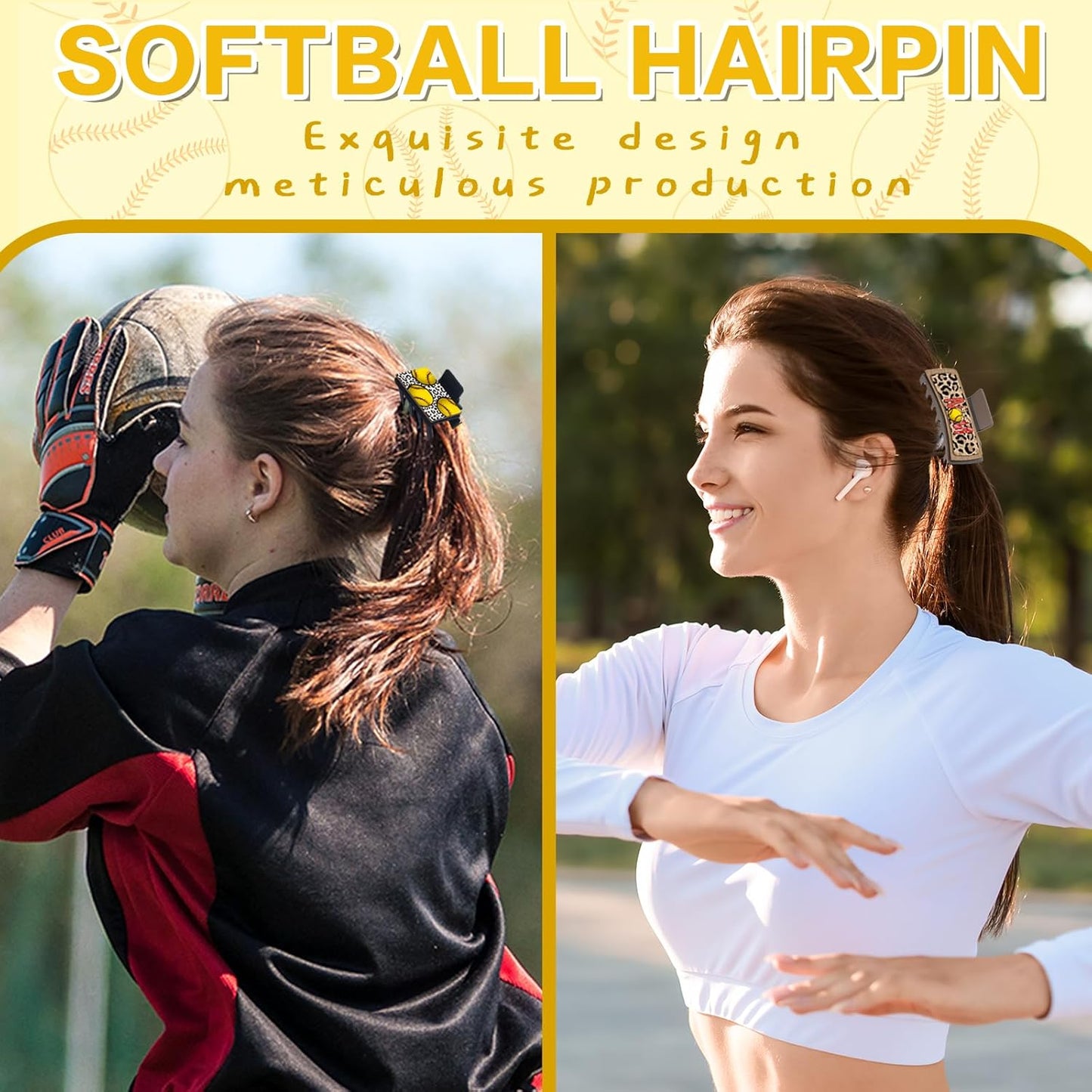 Hair Clip, 6Pcs Softball Printed Wooden Claw Clips, Medium Non-Slip Square Hair Clips for Women Girls Thick & Thin Hair (4 Inch and 2 Inch)