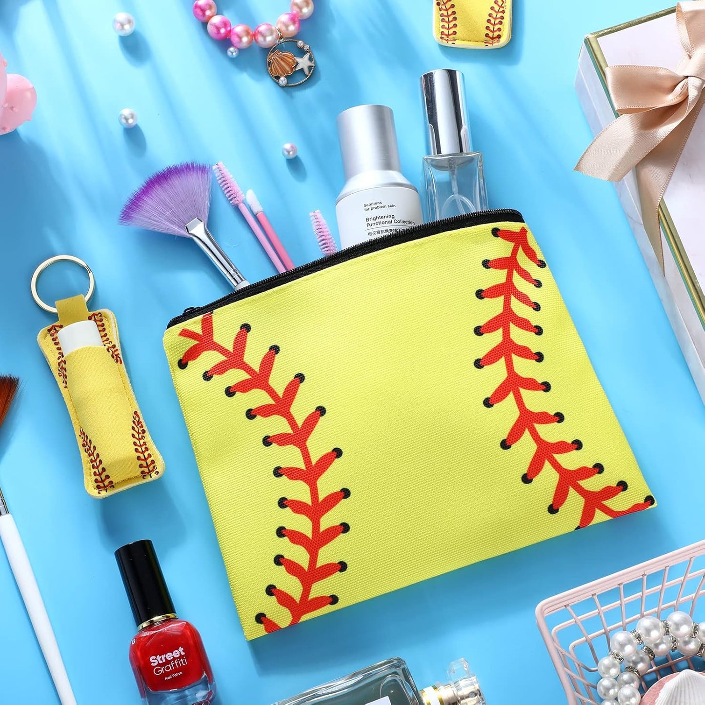 20 Pieces Softball Cosmetic Bag Portable Makeup Bags Canvas Zipper Softball Bag Keychain Lipstick Holder Storage Case for Women, Girls, Team Player