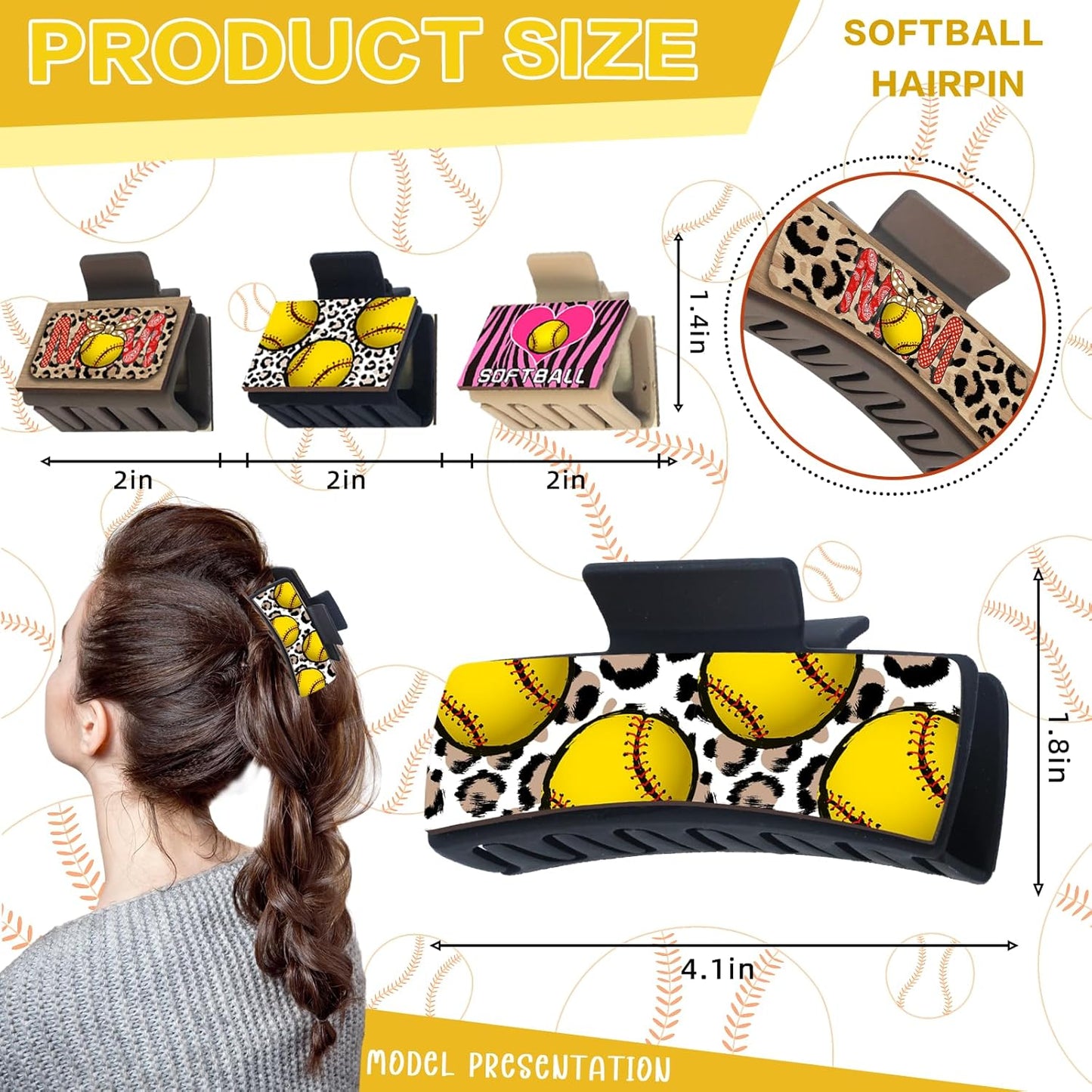Hair Clip, 6Pcs Softball Printed Wooden Claw Clips, Medium Non-Slip Square Hair Clips for Women Girls Thick & Thin Hair (4 Inch and 2 Inch)