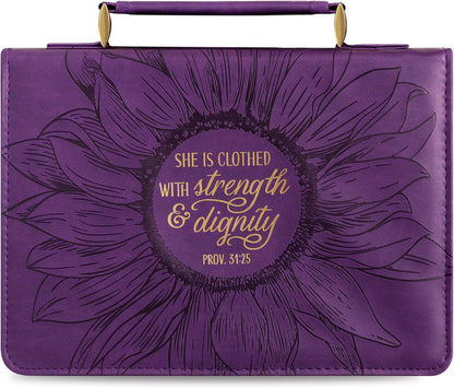 Women'S Fashion Bible Cover Strength and Dignity Proverbs 31:25, Purple/Gold Sunflower Medium