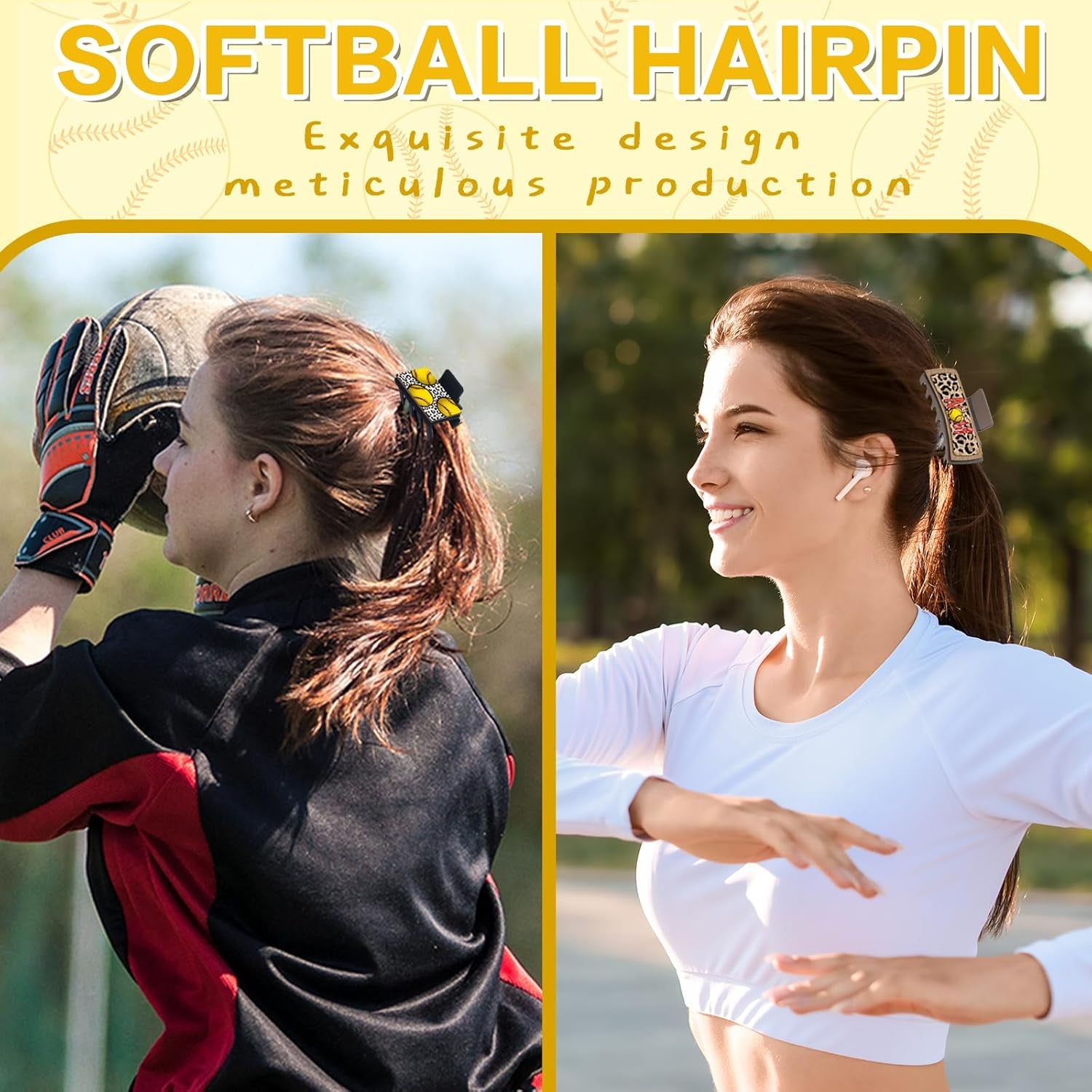 Hair Clip, 6Pcs Softball Printed Wooden Claw Clips, Medium Non-Slip Square Hair Clips for Women Girls Thick & Thin Hair (4 Inch and 2 Inch)