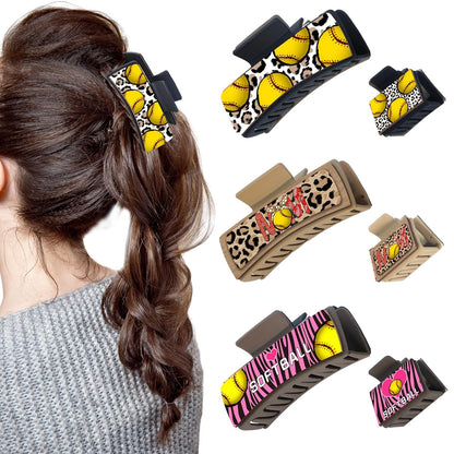 Hair Clip, 6Pcs Softball Printed Wooden Claw Clips, Medium Non-Slip Square Hair Clips for Women Girls Thick & Thin Hair (4 Inch and 2 Inch)
