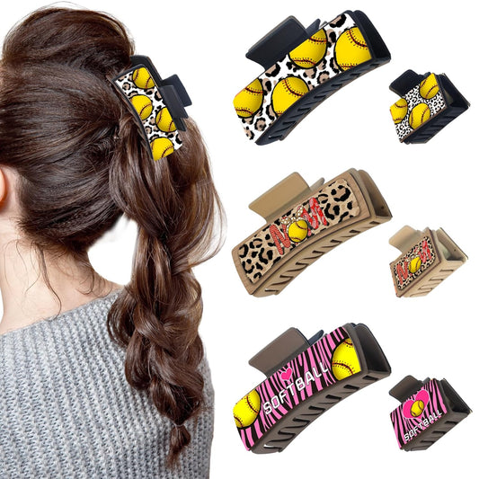 Hair Clip, 6Pcs Softball Printed Wooden Claw Clips, Medium Non-Slip Square Hair Clips for Women Girls Thick & Thin Hair (4 Inch and 2 Inch)