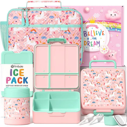 Fimibuke Bento Snack Lunch Box with 4 Compartment, Insulated Bag, Stainless Steel Vacuum Thermos Food Jar, Ice Pack, Utensils Set, Birthday Gift for Back to School Girl & Boy Adult