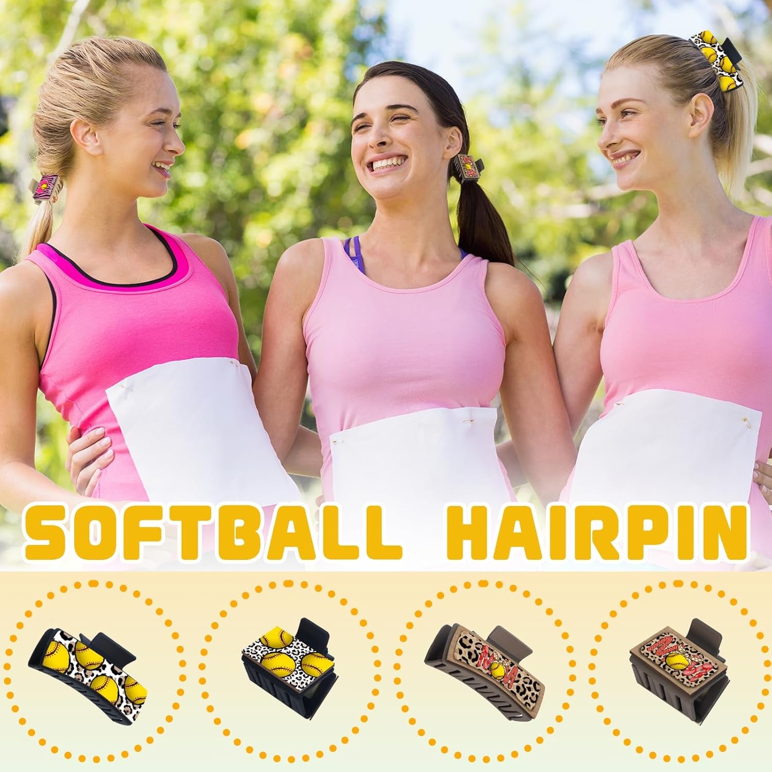 Hair Clip, 6Pcs Softball Printed Wooden Claw Clips, Medium Non-Slip Square Hair Clips for Women Girls Thick & Thin Hair (4 Inch and 2 Inch)