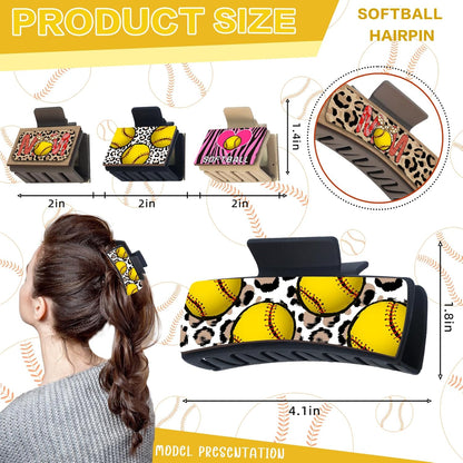 Hair Clip, 6Pcs Softball Printed Wooden Claw Clips, Medium Non-Slip Square Hair Clips for Women Girls Thick & Thin Hair (4 Inch and 2 Inch)