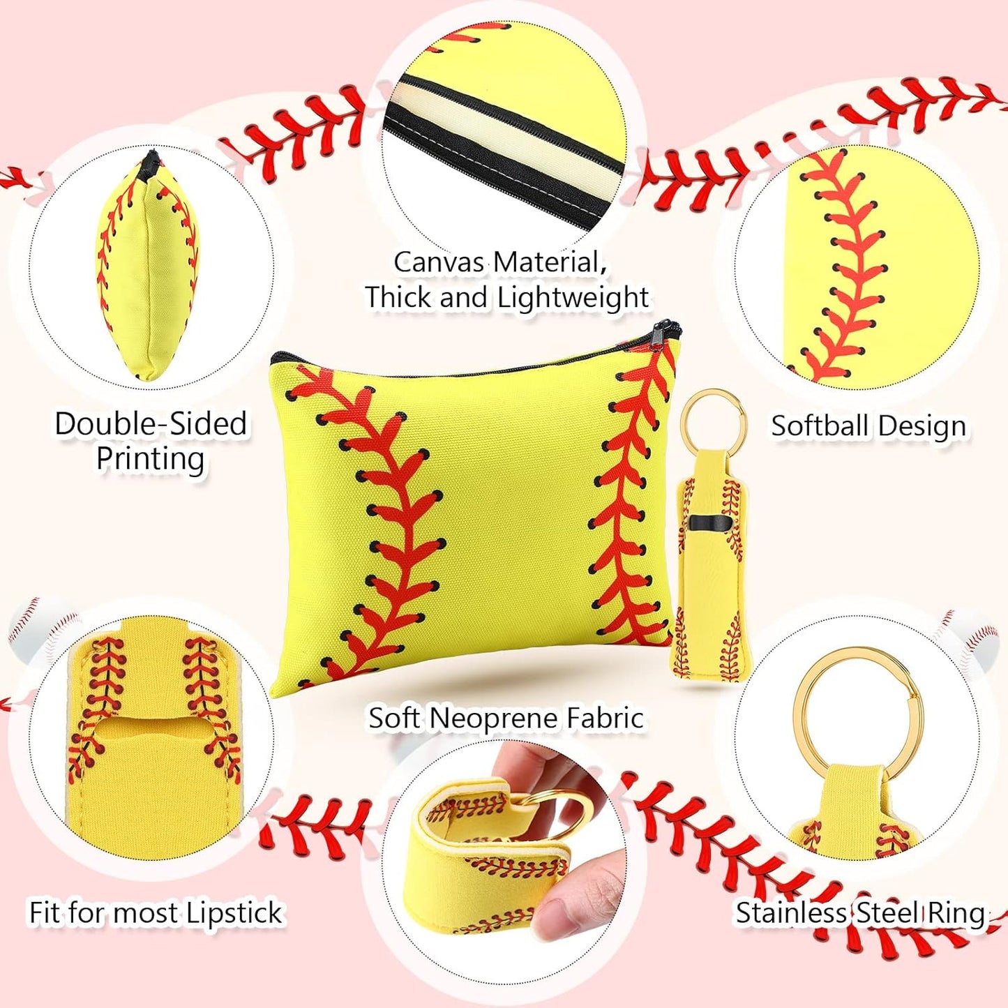 20 Pieces Softball Cosmetic Bag Portable Makeup Bags Canvas Zipper Softball Bag Keychain Lipstick Holder Storage Case for Women, Girls, Team Player